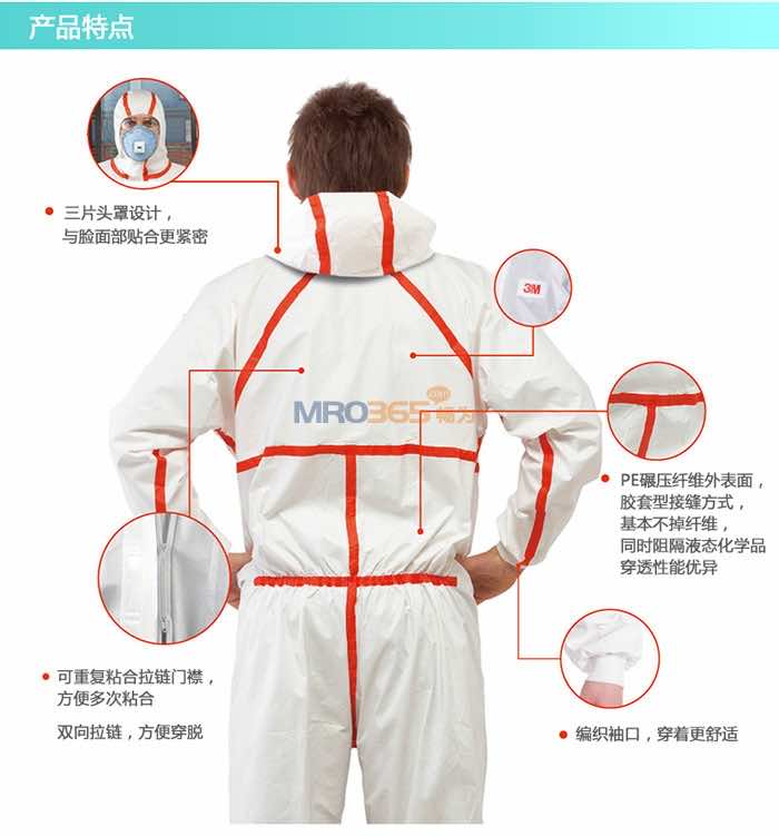 3M 4565 白色带帽红色胶条连体防护服